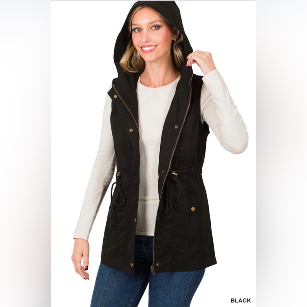 New! Zenana Drawstring Waist Military Hoodie Vest